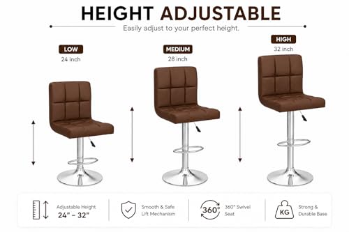 Image of Kemon KaiMeng Modern Adjustable Swivel Bar Stool Chair with Backrest, PU Leather Hydraulic Counter Stool with Footrest for Kitchen Island, Cafe & Home Bar, Brown, Square Tufted Back Stool