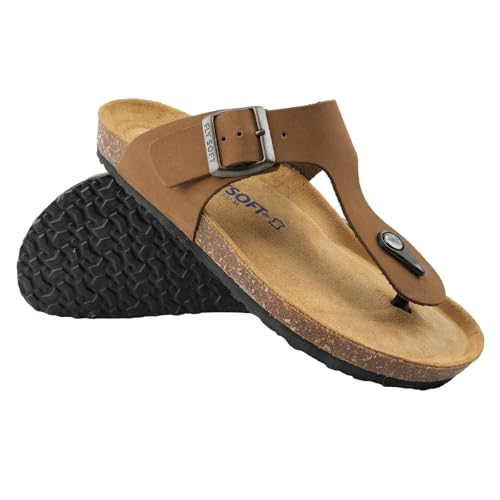 Image of 100% Genuine Leather Men's Sandals - Comfortable Cushioned Smart Foam Footbed, Slip-On Slides for Casual Summer Wear, Adjustable Fit, Durable Non-Slip Sole