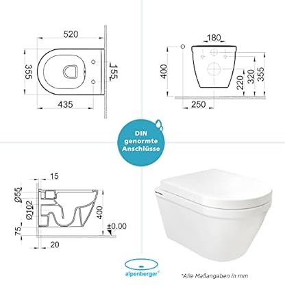 Alpenberger Dusch WC | Toilette mit Intimdusche | Wand WC mit Bidet Funktion | Hänge WC Spülrandlos mit Nano Beschichtung | WC Sitz mit Absenkautomatik Softclose | Passend Geberit – Bild 7