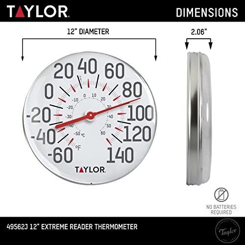 Taylor Metal Wall Indoor Outdoor Thermometer, Wireless Thermometer with Easy to Read Large Numbers for Patio, Pool, and Indoor Areas, 12-inch, White
