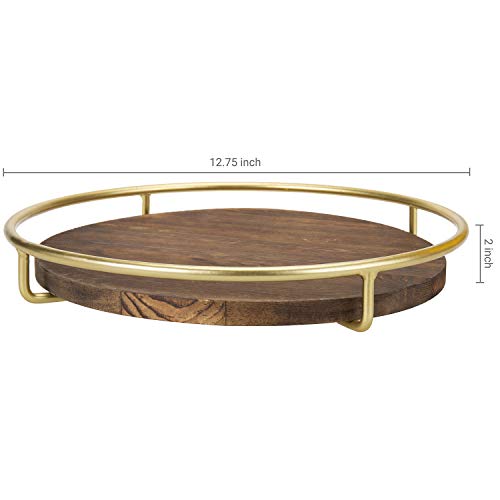 Mygift 12-Inch Burnt Wood Decorative Tray With Vintage Brass Metal Wire Frame, Round Display Coffee Table Serving Tray #TOP4