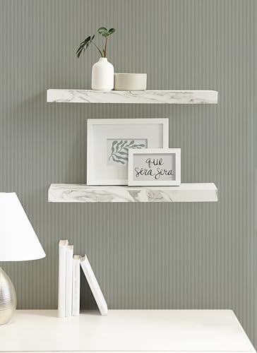 Image of Kate and Laurel Havlock Modern Faux Marble Floating Shelves, Set of 2, 22 x 6, White, Transitional Functional Bathroom and Kitchen Shelves for Storage and Display