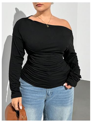 Women's Plus Size Off Shoulder Ruched Tops Long Sleeve Slim Fit Tee Shirts Elegant Basic Top3
