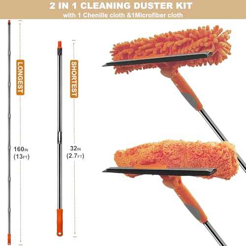 Toromp 20+ Feet Reach 2 in 1 Window Washing Squeegee & Duster with 3-14 ft Detachable Extension Pole // Window Cleaning Tool & Window Washer Squeegee for Home Indoor Outdoor Window Washing (Orange)