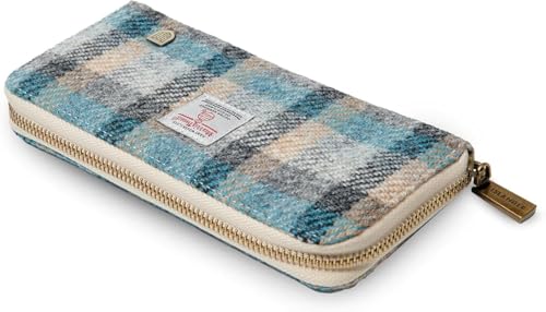 Image of Islander HarrisTweed & PU Leather women's long zip purse, Islander Tartan, Carry Cash & card, Scottish Style