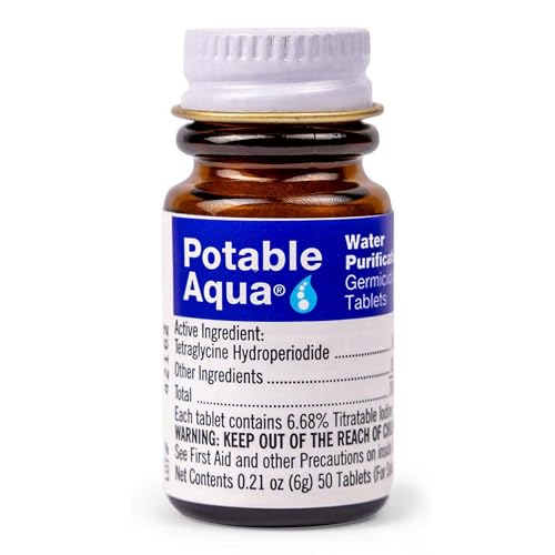 Potable Aqua Water Purification Treatment - Portable Drinking Water Treatment for Camping, Emergency Preparedness, Hurricanes, Storms, Survival, and Travel (50 Tablets), Black, single pack