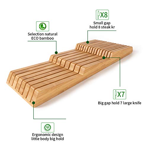 W WOODSUN Bamboo in Drawer Knife Block 15 Slots Knives Organizer Without Knives Premium Handwork Knife Storage for Kitchen Drawer