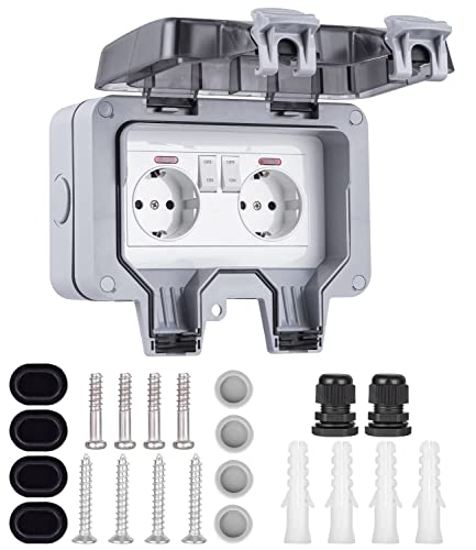 Rayou Prise Exterieure Etanche Ip66, Double Prise Electrique Extérieure, Prise Murale de Jardin avec Fiche et Témoin Lumineux, Prise de Courant Étanche