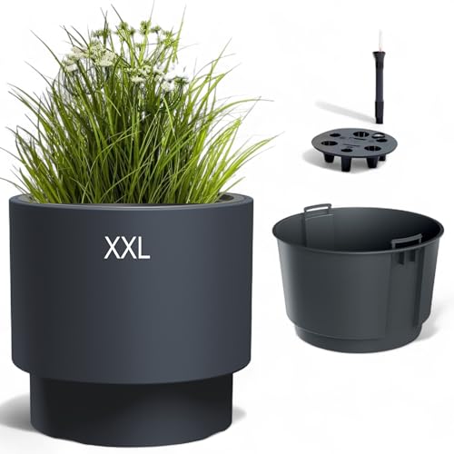 MELTOM Blumenkübel Blumentopf mit Herausnehmbaren Einsatz Rund Frostbeständiger Modern Matt + Bewässerungssystem (Anthrazit, XXL - 47 cm)