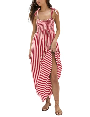 Image of Lentta Women's Striped Smocked Maxi Dress Causal Spaghetti Strap Stretchy Flowy Swing Long Dress with Pockets