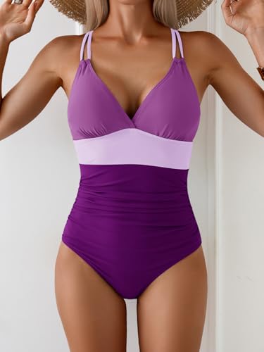 Image of Aidonger Women's One Piece Color Block Swimsuit Tummy Control Slimming Bathing Suit V Neck Cutout High Waisted Swimwear