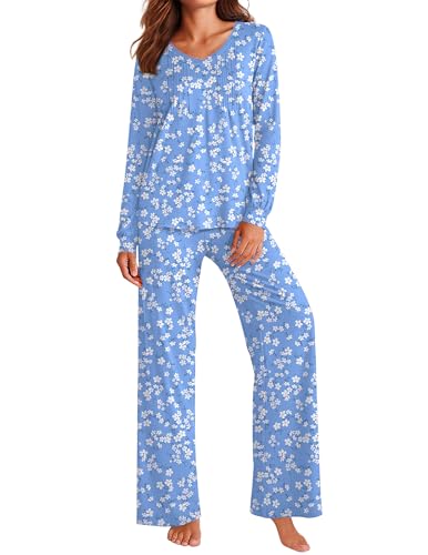 Ekouaer Women's Pajama Sets Long Sleeve Pleated V Neck Sleepwear 2025 Fall Pjs Soft 2 Piece Nightwear with Pockets