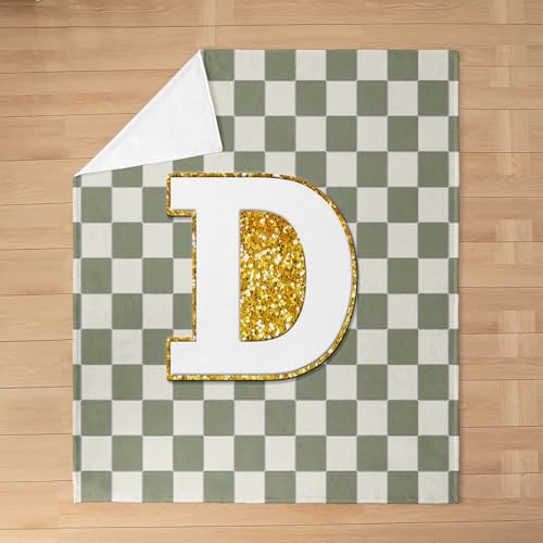Image of Erosebridal Sage Green Checkered Fleece Blanket Throw 50 inchx60 inch Plaid Initial D Flannel Blanket Personalized Monogram Fuzzy Plush Throw for Kids Boys Girls,Fashion Grids Gingham Decor for Bed Couch