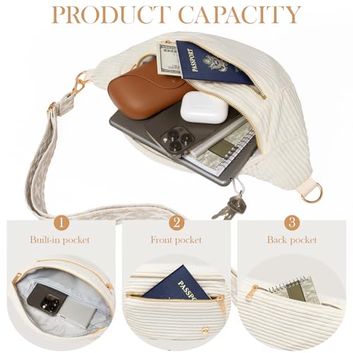 Image of MAXTOP White Corduroy Crossbody Bags for Women, Women's Crossbody Vintage Boho Sling Bag Fanny Pack with Gold Zipper Adjustable Shoulder bags Lightweight Travel Waist Bag for Daily Vacation