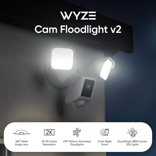 WYZE Floodlight Camera v2, 2800-Lumen LEDs, 2K HD Outdoor Security Camera, 160° Wide View, Motion Activated Light, 105dB Siren, Cloud & Local Storage, Color Night Vision, for Home Surveillance, Wired by WYZE - Image 2