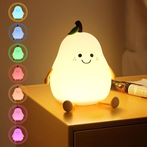 URAQT LED Nachtlicht Kinder | Silikon Stilllicht Baby,7 Farben Kawaii Lächeln Birnenförmiges Nachtlicht | 1200mAh Stilllicht 3 Stufige Dimmbar Touch, USB-Aufladung & Timing Funktio