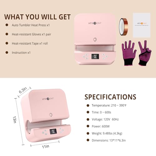HTVRONT Auto Tumbler Heat Press Machine - Mug Heat Press Heat Up Fast & Even, Professional Tumbler Press High-Security for 2.95-3.18inch Sublimation Tumblers, Cups, Glasses and Mugs (Pink)