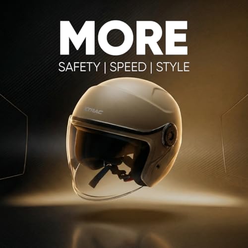 Image of Xtrac Ace ISI Certified Open Face Helmet for Men & Women | Half Face Bike Helmet with Scratch-Resistant Clear Visor | Lightweight ABS Shell | Quick Release Buckle | Desert Storm - M