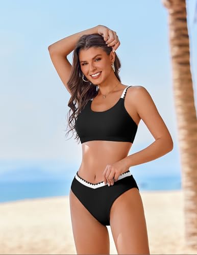 AI'MAGE Women's High Cut Bikini Set 2 Piece Sporty Swimsuit Color Block Bathing Suit with Trim3