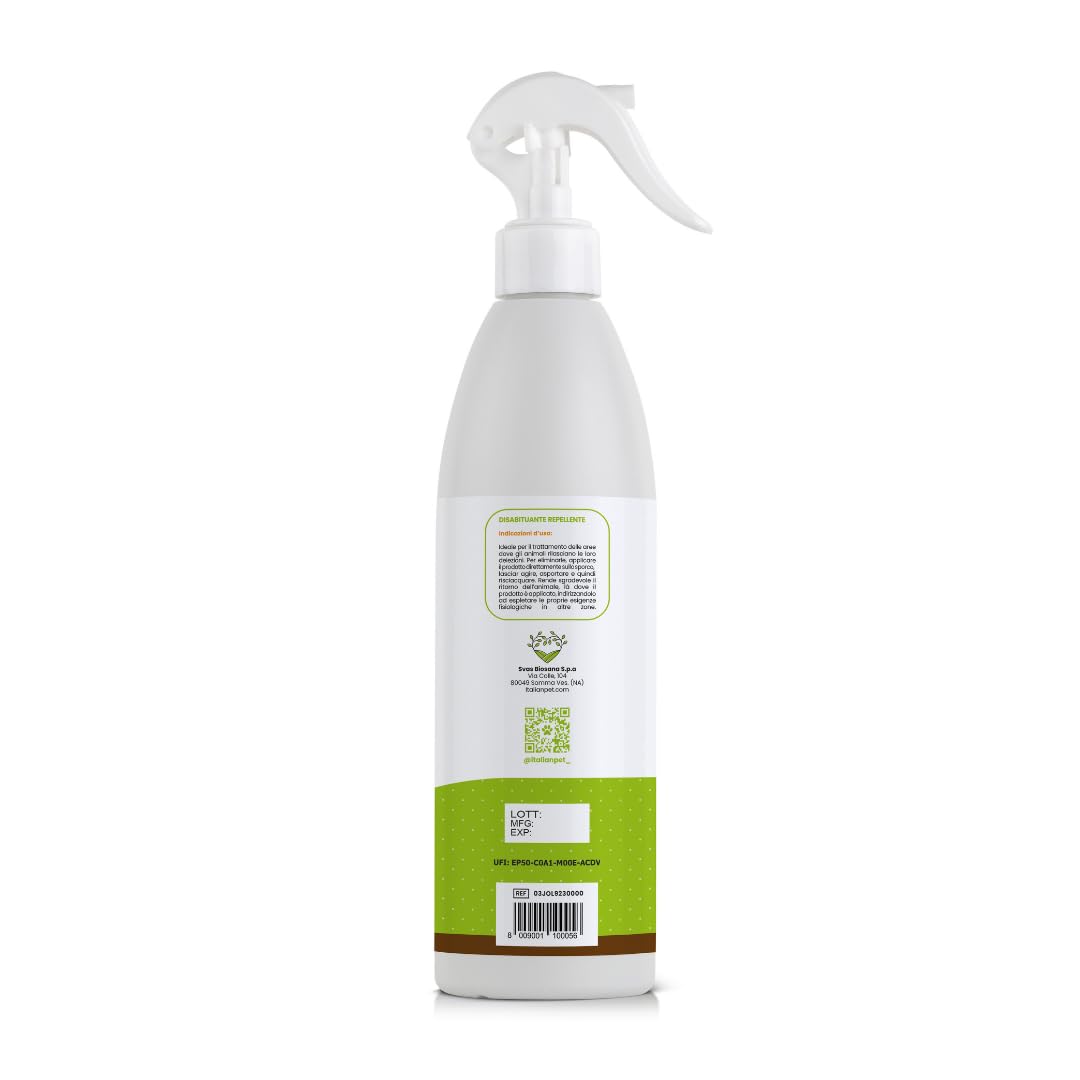 Italian Pet Eco Disabituante per Gatti, Cani, Animali Domestici - Repellente Pipì da Esterno e Interno - Dissuasore Naturale Urine Pronto Uso - Innocuo per Salute - Flacone plastica 100% riciclata