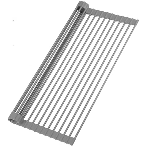 Zulay Kitchen Large 20.5" Roll Up Dish Drying Rack - Heavy Duty Silicone Wrapped Steel Rods Over Sink Dish Drying Rack - Versatile Roll Up Sink Drying Rack & Trivet - Gray Cover