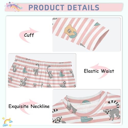Pajama Sets Long Sleeve Lemur Pattern on Pink Stripes Soft Comfy Sleepwear 2 Piece PJS 3-8T4