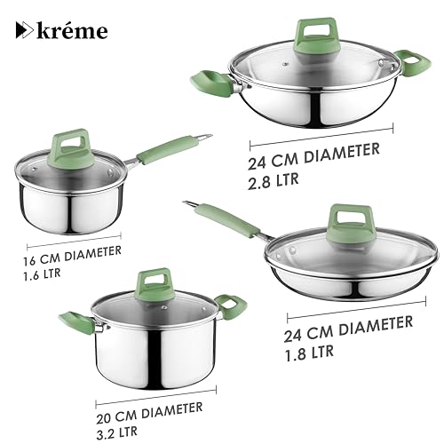 Image of Kreme Platina Triply Stainless Steel Cookware Set, 8 Pcs - Kadai 24cm, Frypan 24cm, Saucepan 16cm & Casserole 20cm with Glass Lids | Healthy Cooking | Induction & Gas Stove Compatible, Less Oil