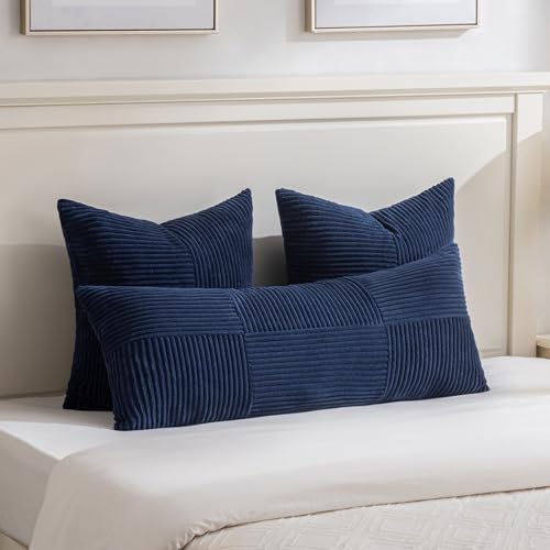 Image of Fancy Homi 2 Packs Navy Blue Big Decorative Throw Pillow Covers 24x24 Inch for Living Room Couch Bed Sofa, Rustic Farmhouse Boho Home Decor, Soft Corss Corduroy Patchwork Accent Cushion Case 60x60 cm