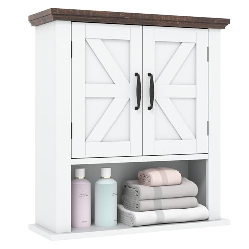 GIANTEX Hängeschrank, Medizinschrank mit verstellbarem Regal & offenem Fach, Hängender Schrank in Bauernstil, Wandschrank für Wohnzimmer, Küche & Flur, 55 x 19 x 60 cm (Weiß)