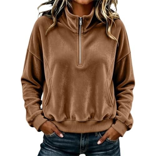 Womens Lounge Shirts Velvet 1/4 Zip Stand Collar Pullover Tops Brown