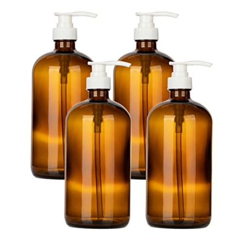 32 Ounce Glass Pump Dispenser Bottle, Large Amber Container with Pump for Shower and Bath Shampoo Soap Conditioner Lotion - 1 Liter - by Kitchentoolz