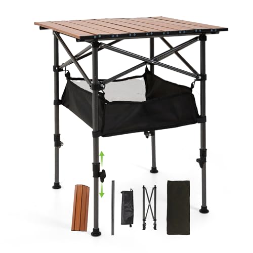 Warmiehomy Folding Camping Table, Adjustable Height Portable Picnic Table with Storage Bag for Outdoor Camping, Beach, Backyard, BBQ, Party, Patio, Picnic, Brown,53x50x80cm