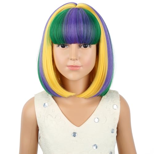 Image of PATTNIUM Mardi Gras Colored Bob Wig for Kids Girls Purple Green and Yellow Short Blue Straight Wig with Bangs Cosplay Party Synthetic Rose Net Daily Wear Wig