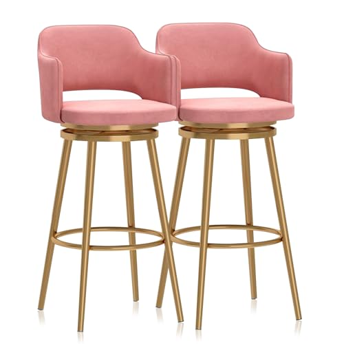 Guyifuny Juego de 2 taburetes de Bar giratorios, sillas de Bar tapizadas Modernas con Isla for Desayuno, taburetes de Cocina con Respaldo y reposapiés, Capacidad de 150 kg(Pink 75cm,Gold Leg)