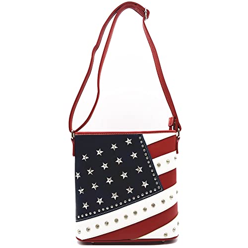 Image of WESTERN ORIGIN American Flag Stars and Stripes Studs Crossbody Handbag USA Patriotic Women Purse Leather Single Shoulder Bag