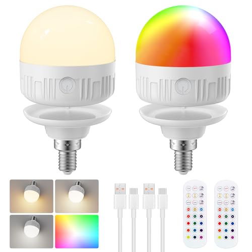LGMCF Bombilla recargable con mando a distancia, E14, intensidad regulable, colores RGB, bombilla LED con batería, 8 W de control táctil con función de temporización, luz de emergencia con magnético
