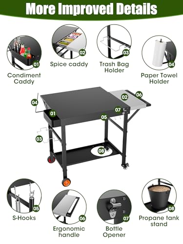 Image of Outdoor Pizza Oven Table, Movable Grill Side Table, Expansive Countertop Pizzas Oven Accessories, Pizzas Stands for Party with Wheels, Fits Ooni Blackstone Ninja Cuisinart Gozney