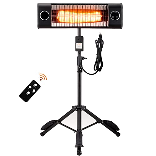 MEPTY Electric Patio Heater - Outdoor Heater For Patio - 1500w Infrared Heater - Remote Control And 9h Timer - 13' Cord - Portable Tripod - Mount To Bedroom Backyard Garden…