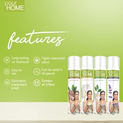Image of POUR HOME Sacred Sandal, Rajni Gandha, Jasmine & Lavender Room Air Freshener Spray - 220ML Each (Combo of 4) | Long-Lasting Fragrance - Reduces Odours - Suitable for Home & Office
