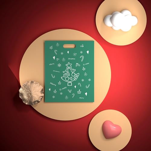 MeFacys Christmas Shopping Bags 50 Pcs 15x12 inch Xmas Gift bags for Boutique, Plastic Green Retail Bags with Merry Christmas Pattern for Wrapping Holiday Presents Party Favor Bags