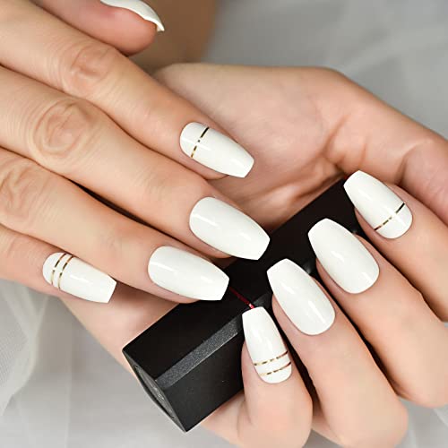 Echiq Nude White Glossy Press On Nail With Gold Line Acrylic Reusable Solid Color Medium Long Nature False Nails Wearable Full Cover Coffin Artificial Fake Nail Tips For Women Girls Gift 24Pcs/Set #TOP4