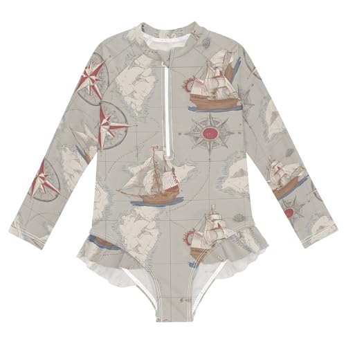 ALAZA Toddler Swimsuit Girl Bathing Suit Swimwear Rash Guard Nautical Map Sailboat Long Sleeve 3T