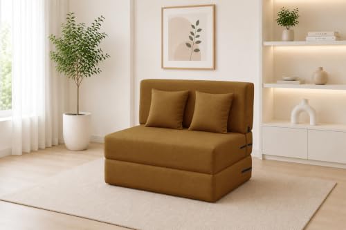 Image of Los Angeles Foldable One Seater Sofa Cum Bed, Sofa Bed 3 X 6 Feet Jute Fabric Washable Cover- Including Cushion Perfect for Living Room & Office Guest Room - Golden Color