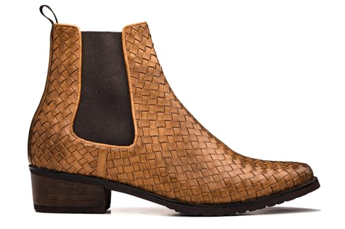 Image of CALTO Men's Invisible Height Increasing Elevator Shoes - Brown Premium Leather Woven Slip-on Chelsea Ankle Boots - 3.3 Inches Taller - K30522 - Size 7.5 D(M) US