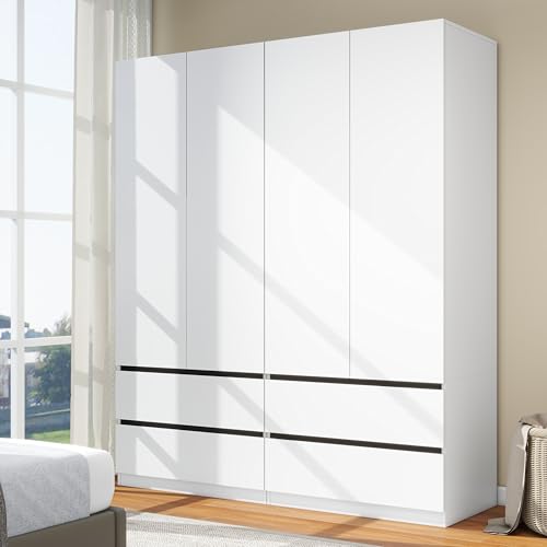 LABROSKIA White Wardrobe Closet with Doors: 75' Large Capacity Bedroom Armoire, Wooden Cabinet with...
