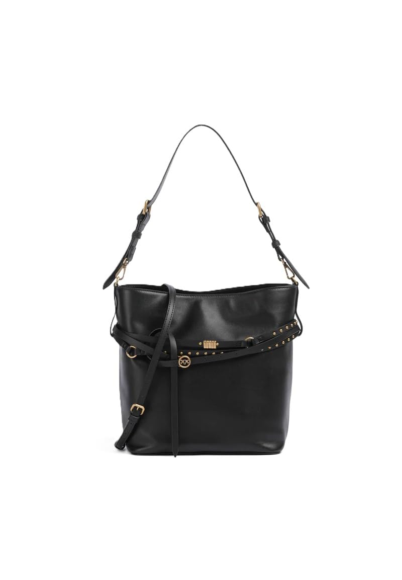 Pinko Bolso de hombro mediano Bucket Belt Bag de piel negra, correa ajustable, cierre con gancho, 33 x 27 x 15 cm