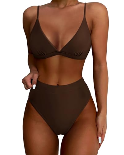 SUUKSESS Women Sexy High Waisted 2 Piece Bikini Sets Triangle High Cut Swimsuits