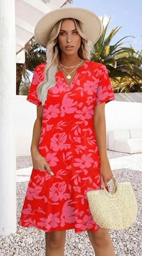 Image of WIHOLL Summer Dresses for Women Casual V Neck Wedding Guest Dress Hawaiian Midi Dress Fashion Beach Vacation Clothes