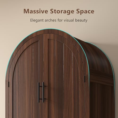 Image of iPormis 71 inch Tall Arched Cabinet with Doors, Farmhouse Kitchen Pantry with Adjustable Shelves & 6-Tier Door Shelves & Drawer, Modern Wood Storage Cabinet for Dining, Living Room, Bathroom, Walnut
