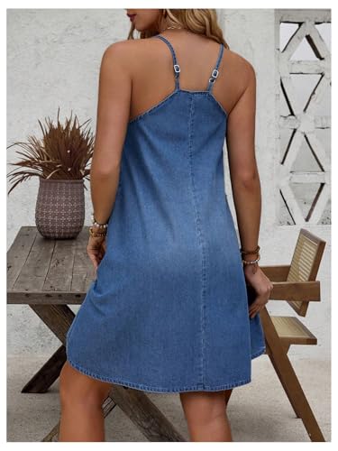 Image of WDIRARA Women's Sleeveless Denim Cami Dress Scoop Neck Mini Dresses with Slant Pockets Blue Large